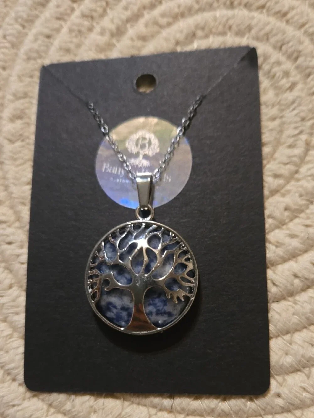 Silver Tree of Life Pendant Necklace with Blue Inlay